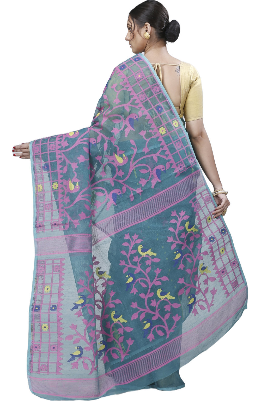 See Green Pure Cotton Sabon Jamdani Saree (1307)